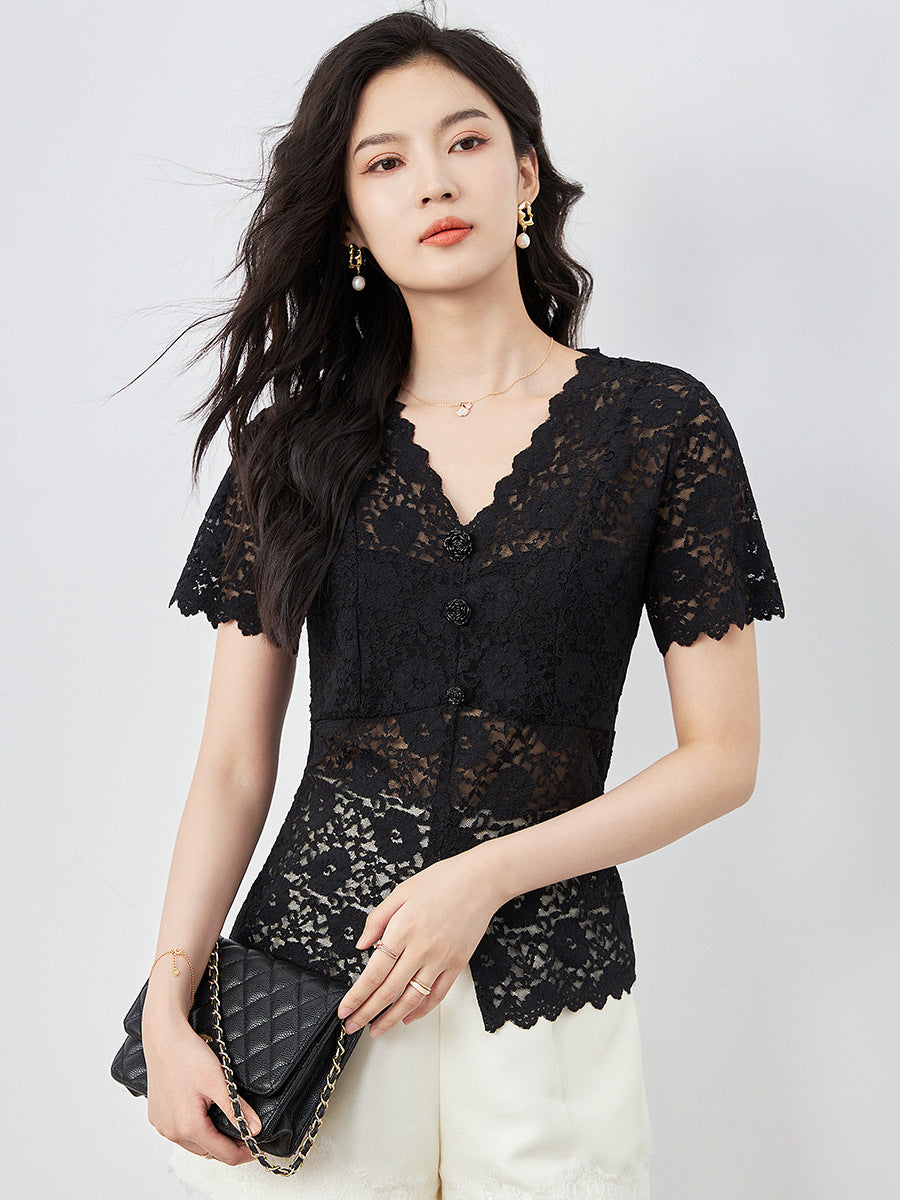 Temperament V-neck Short-sleeved Lace Shirt Fashionable Hollow Top for Women in Summer New Slim and Versatile Shirt