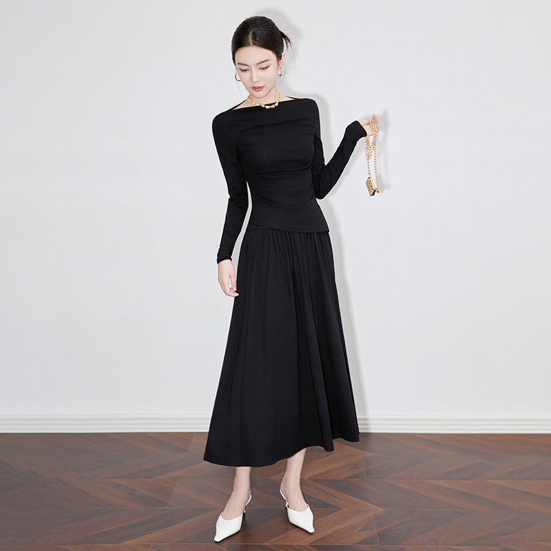 High Waist f Skirt Set Korean Sle Long Sve Top And Skirt Combo for Young Women Ele Folded Design