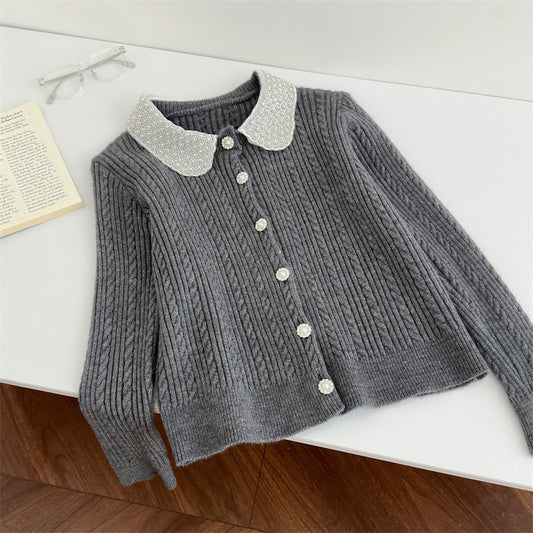 Ele European Sle Knitted Cardigan Women's Long Sve Turn-down Collar Pearl Button Heavy Embroidery Faion Top