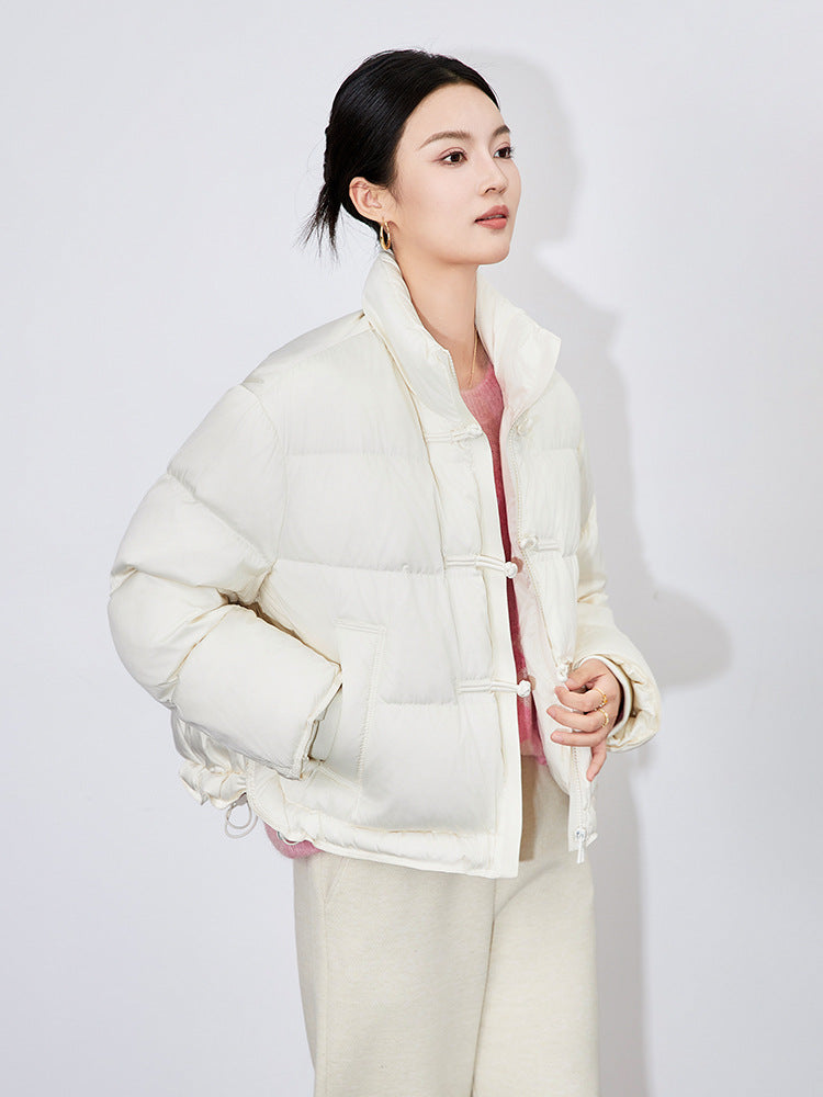 Fashionable Simple Loose Short Chinese Style Stand Collar Women's down Jacket Duck Feather Warm Thickened Long Sleeve Coat