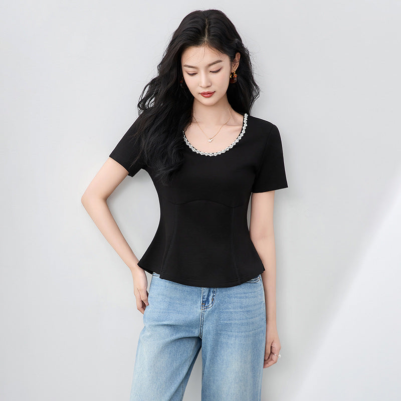 Women's Ruffle Sleeveless T-shirt Summer Slimming Hide Belly Meat Concealing Crew Neck Solid Color Top