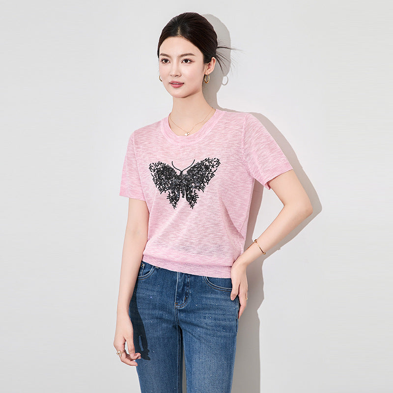 Summer New Plus Size Korean Fashion Style Butterfly Round Neck Knitted Short Sleeved Top Slimming