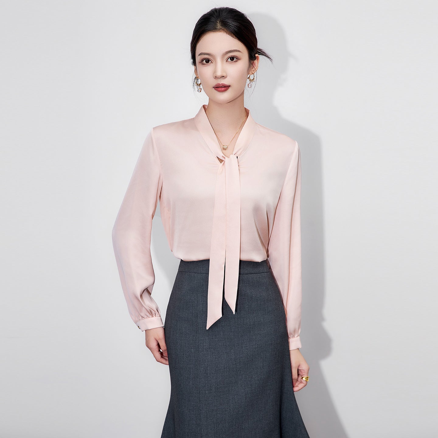 White Chiffon Loose Women's Shirt Korean Style Fashionable Design Autumn New Arrival Professional Top Princess Sleeve Polo Colla