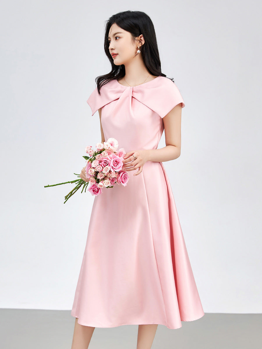 Summer Women Chic Bowknot Dress O-neck Butterfly Sleeve Elegant Slim Office A-line Dresses Women Pink Sweet Vestido
