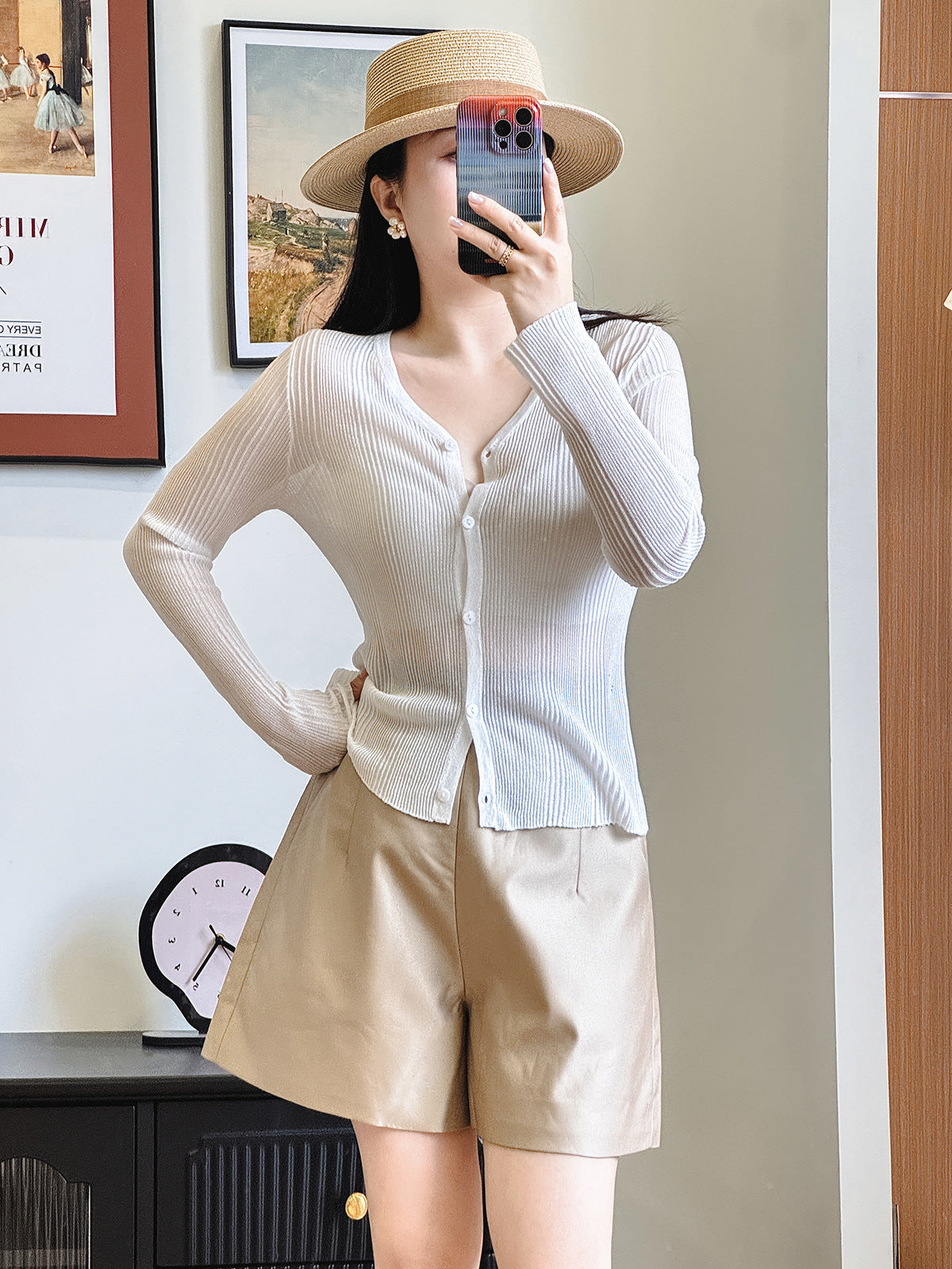 Ultra-Thin Lenzing Lyocell Secret Weave Wide Stripe 16 Needle Long Sleeve V-Neck Shiny Light Cool Feel Open Cardigan Knitwear