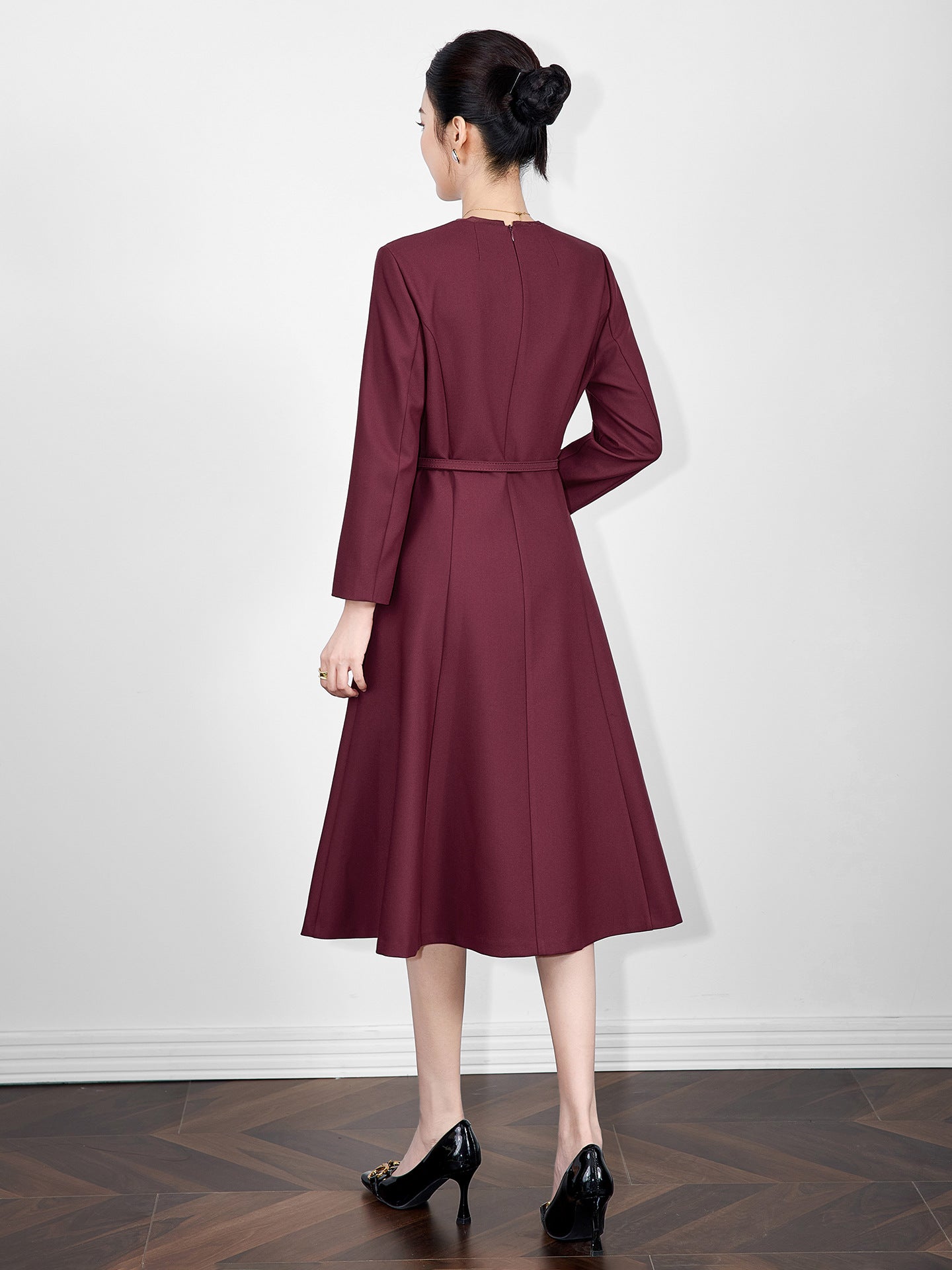 Elegant Commuter Office Lady Business Dresses V-neck Long Sleeve High Waist Belt Slim A-line Elegant Evening Dress