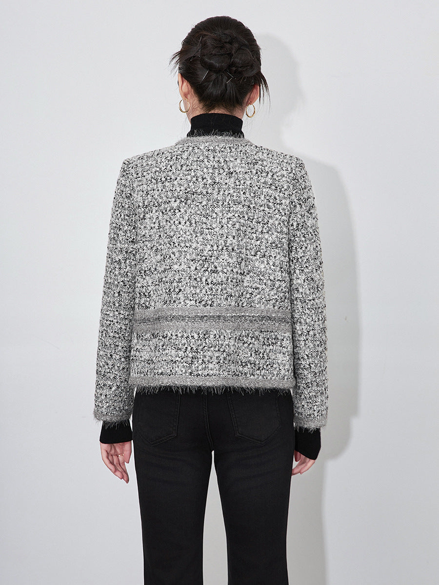 Luxurious Shiny Thread Woven Short Coat Women's Round Neck Top Elegant Bouclé Fabric Medium Thickness Long Sleeve Fashionable