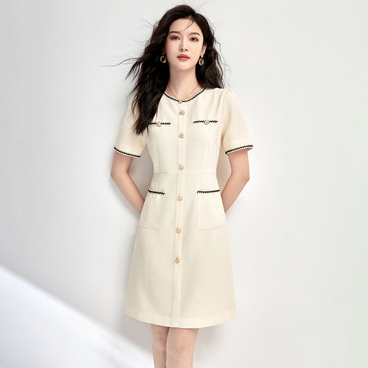 Elegant Short Sleeve Wrap Dress for Women Fashion Slimming Knee-Length Midi Dress Pearlescent Fabric Ladylike Style