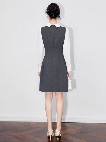 Women's Dress False Two-piece Shirt Belted Waist Flip Collar Dress New Elegant Formal Commuting Long-sleeve Dress