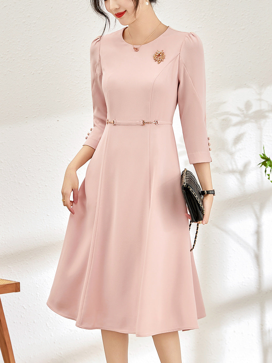 Korean Fashion Solid Round Neck Elegant Festival Midi Dress Women  Autumn Half Sleeve Temperament Office Professional Dress