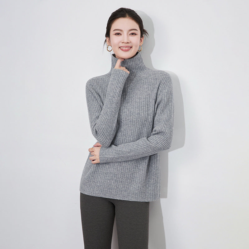 Autumn Winter New Style Women's Knitted Sweater Pure Wool Seamless Seven Needle Thickened High Collar Tassel Stripe Design