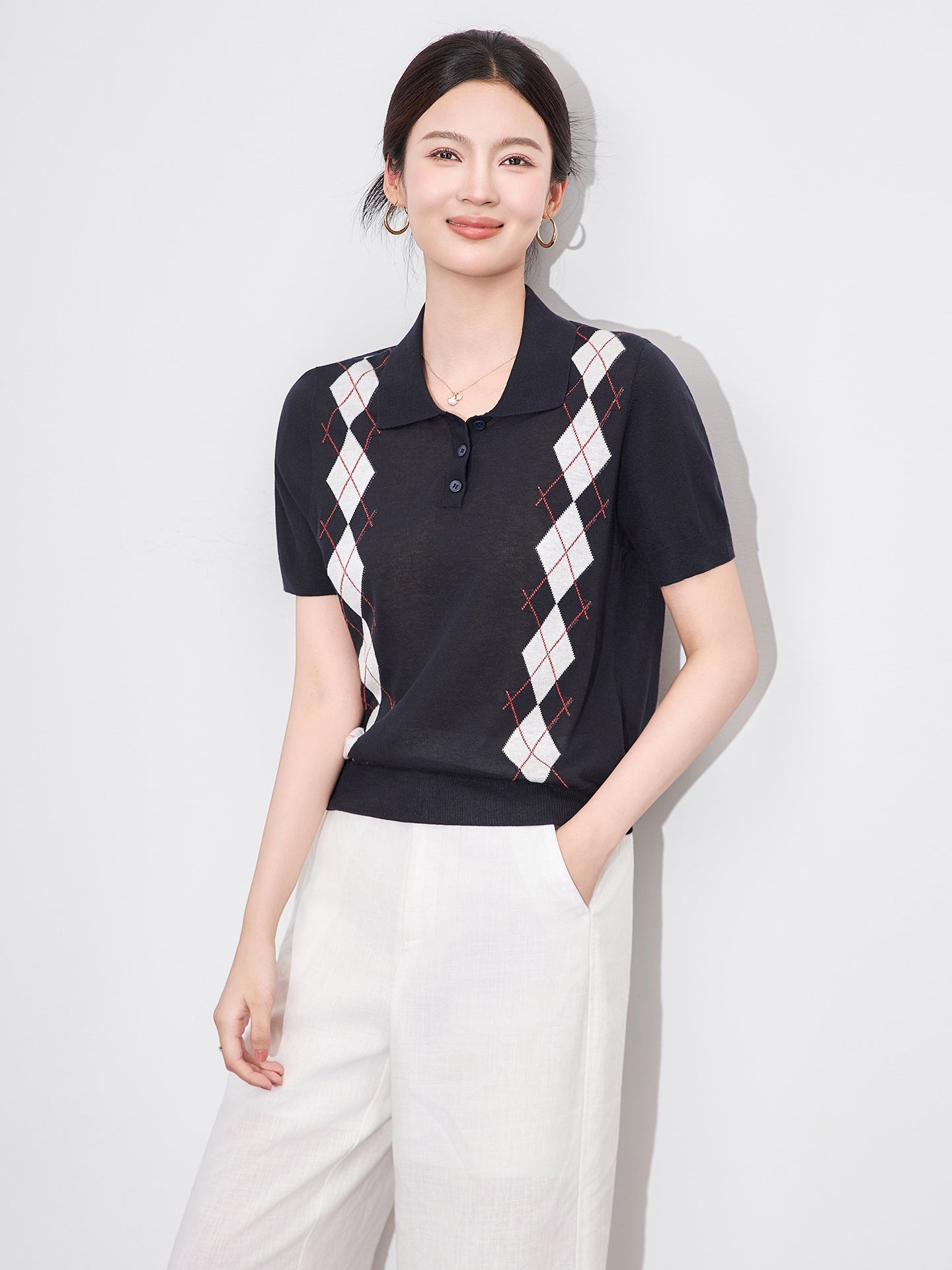 Women's Casual Loose College Style round Neck Diamond Pattern Knitted Hoodie Short Sleeve Shirt Polo Collar Grid Pat