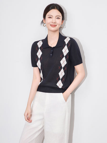 Women's Casual Loose College Style round Neck Diamond Pattern Knitted Hoodie Short Sleeve Shirt Polo Collar Grid Pat