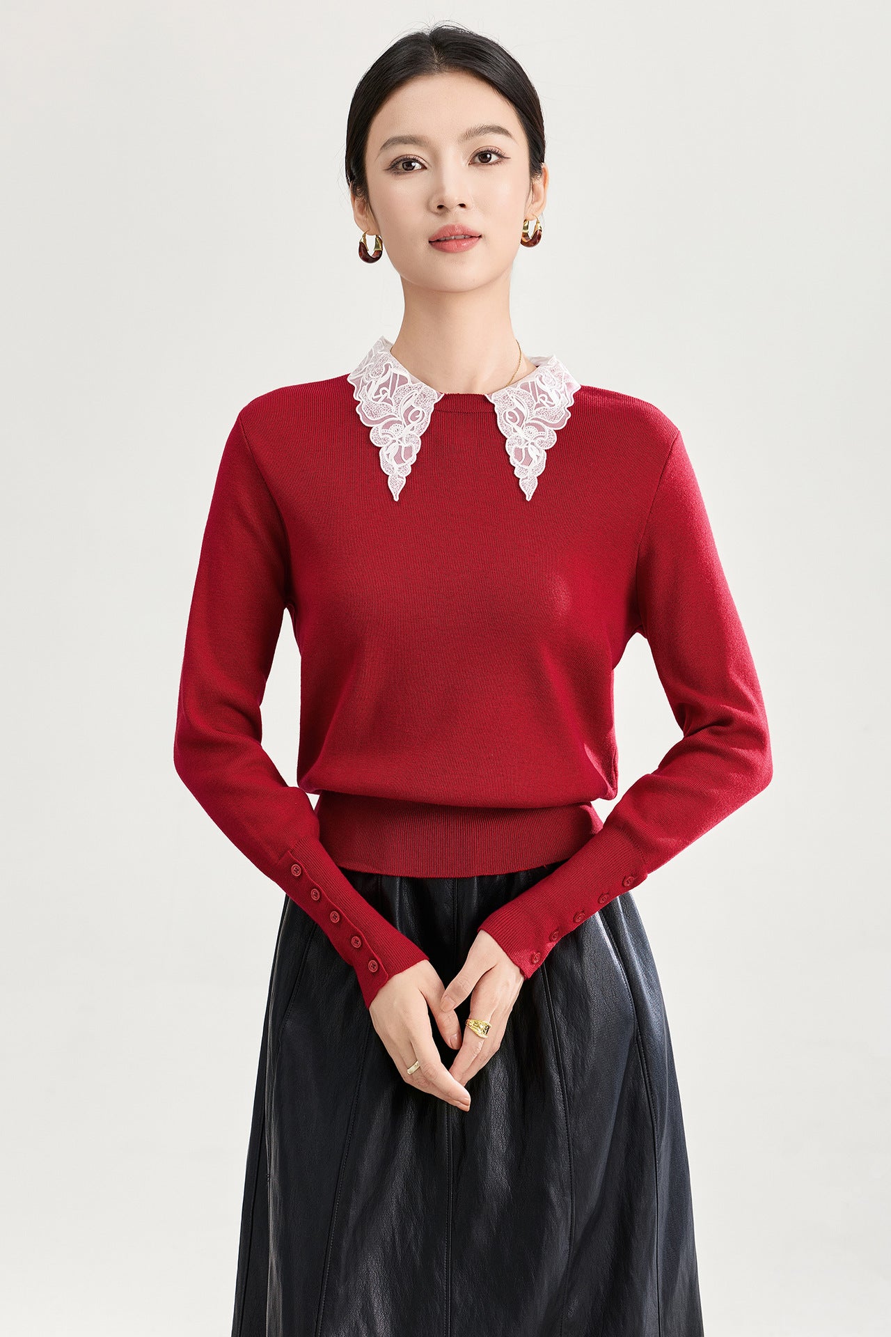 Women's White Wool Knitted Sweaters 2026 Spring Lace Collar Long Sleeve Sweater Versatile Pullover