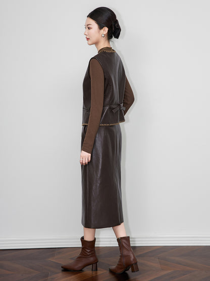 Modern Commuter Protein Leather Vest And Mini Skirt Set Women's Fashion High Quality Clothing South Oil Crack PU Leather