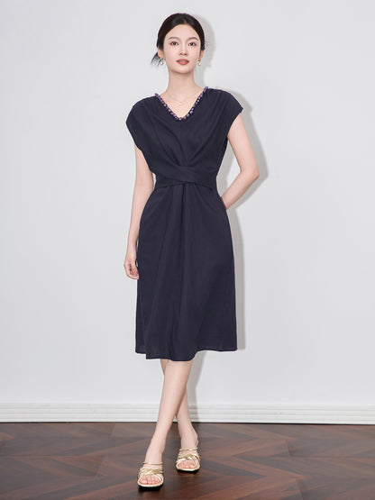 Summer New French V-neck Short Sleeve Dress Women's Solid Color Waist-cinching Slimming Long DressLazy Feeling Ankle-length