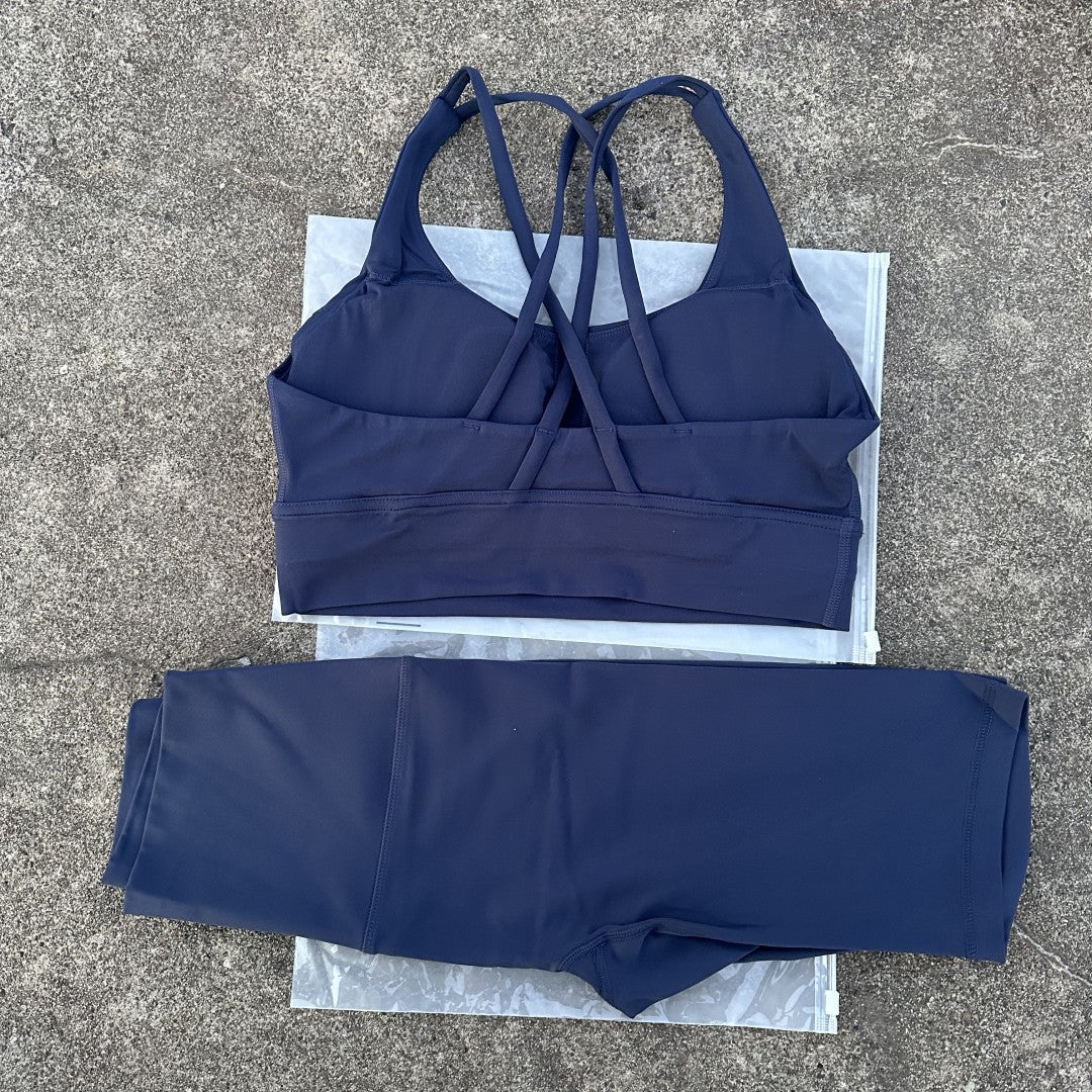 Solid Color Gym Cycling shorts Yoga Set Short Legging +Cross Back strap Sport Bra Athletic Women Suit Comprehensive Training Jog