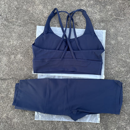 Solid Color Gym Cycling shorts Yoga Set Short Legging +Cross Back strap Sport Bra Athletic Women Suit Comprehensive Training Jog