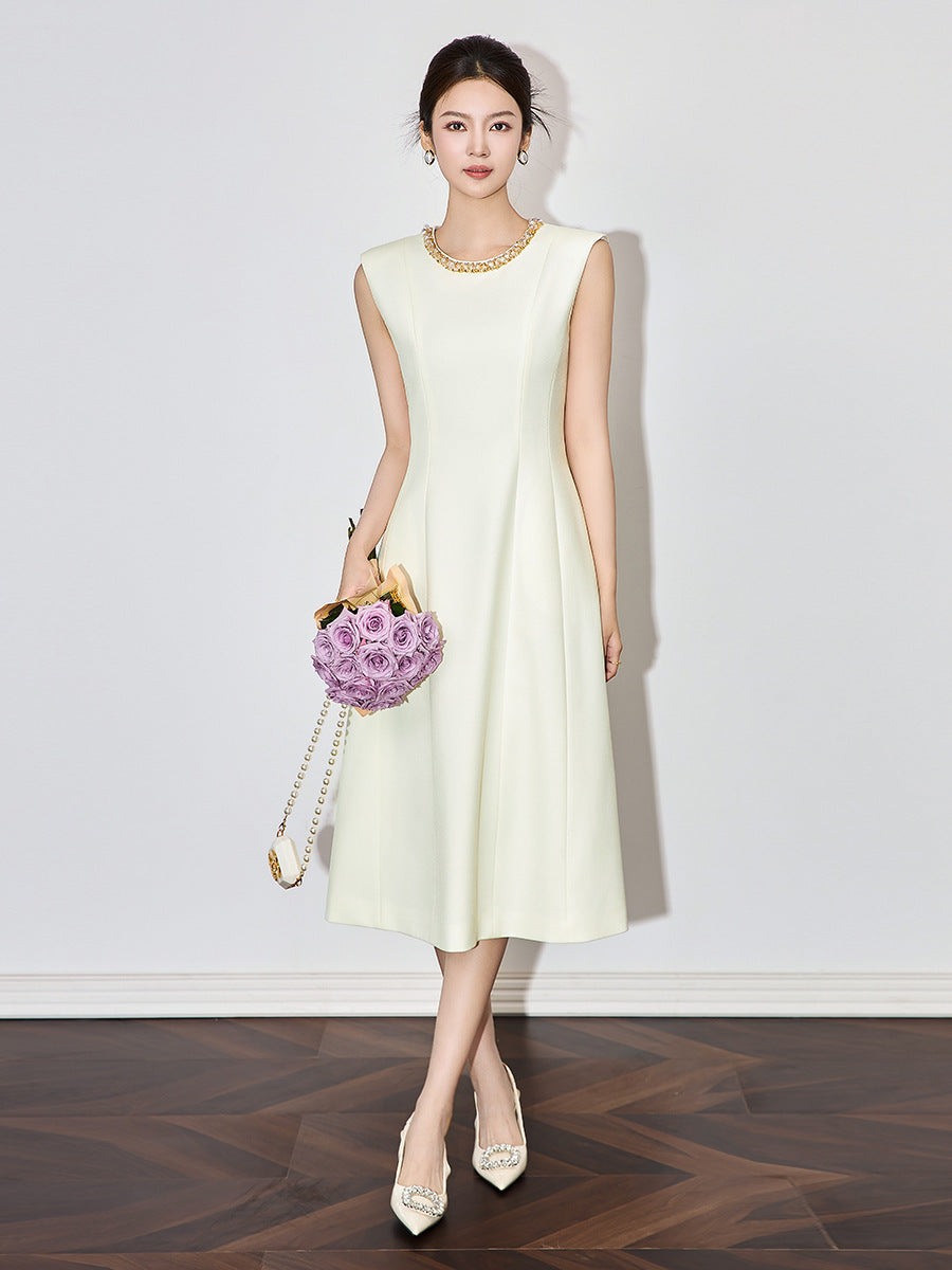 French Style Diamond Embellished Sleeveless Waist-Cinched White Vest Dress Women's Preorder Spring Summer Heavy Duty