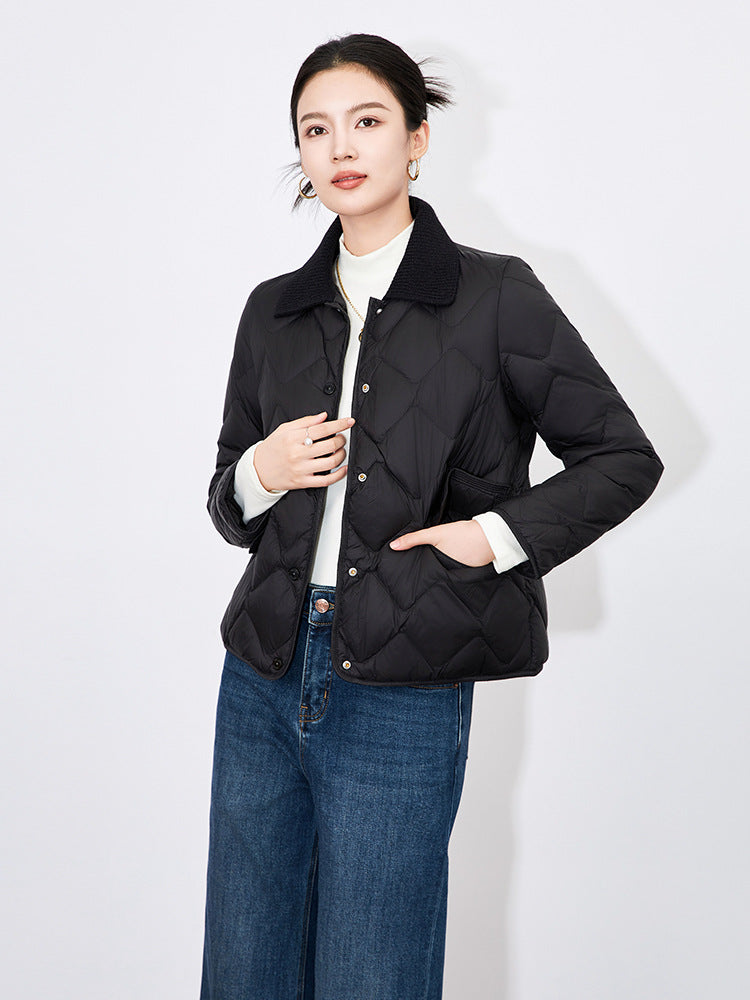 Winter Diamond Pattern Cotton Jacket Women's Fashion Leather Collar Coat Long Sleeve Chinese Origin Clothing