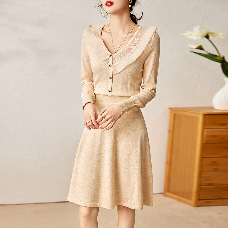 Fashion Peter Pan Collar Button Lace Midi Dress Women's Clothing  Autumn Winter Loose Solid Color Office Lady Ladies Dresses
