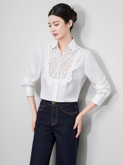 Lace Trim Shirt V-neck Loose Commuter Style Single Button Women's Top Elegant Simple Design Long Sleeve Cotton Pure Color