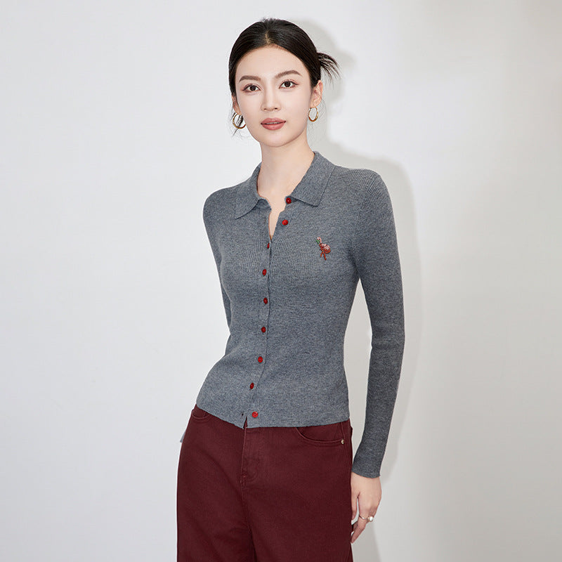 Exquisite Fine Merino Wool Button Cardigan with Embroidery Color Block Design for Women Long Sleeve Slim Fit Basic Style