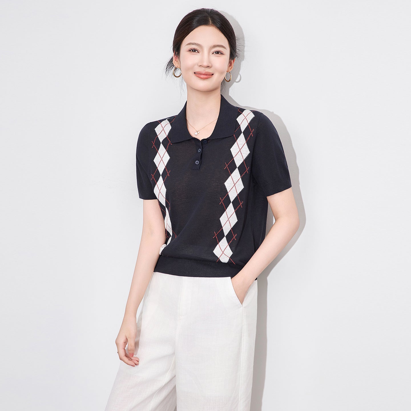 Diamond Knit Short-Sleeved Sweater Lapel Pullover Fashion Slimming Knitwear Casual Minimalism Warm Short Shirt Women T-Shirt