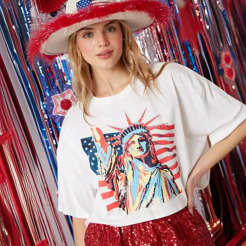 Statue of Liberty Hot Diamond Short-sleeved Independence Day Top Loose T-shirt