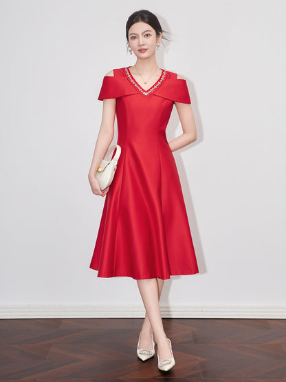French Simple Commuter Office Lady Dress Diamond V-neck Off-shoulder Short Sleeves High Waist A-line Elegant Evening Dress Women