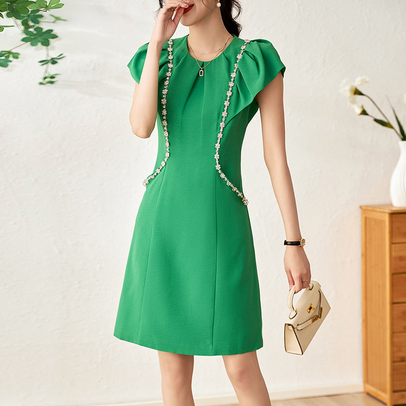 A-Line Dr with Heavy Beading and Gentle Wind Design High Waist Fly Sve Women's Summer Faion Dr