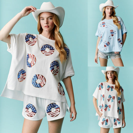 Women's Independence Day Sequined Round Neck Short Sleeve T-Shirt Casual Tops Women