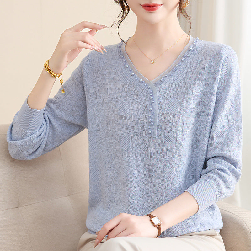 Women's Solid Color Pullover Beads V-neck Casual Fashion Long-sleeved Top