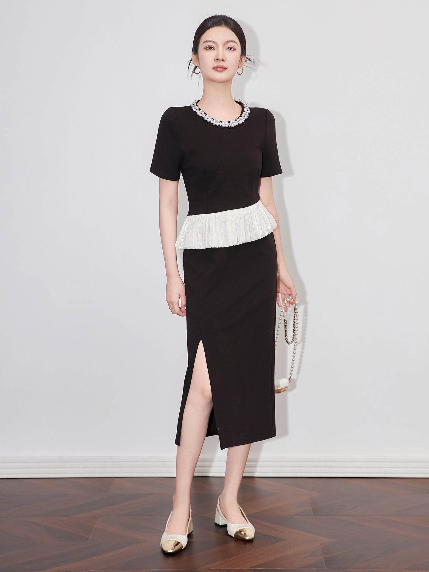 Fashionable Black Slimming Dress Summer 2025 New Style Maternity Knee-Length Dress Concealing Belly Fake Two-Piece Mini Dress