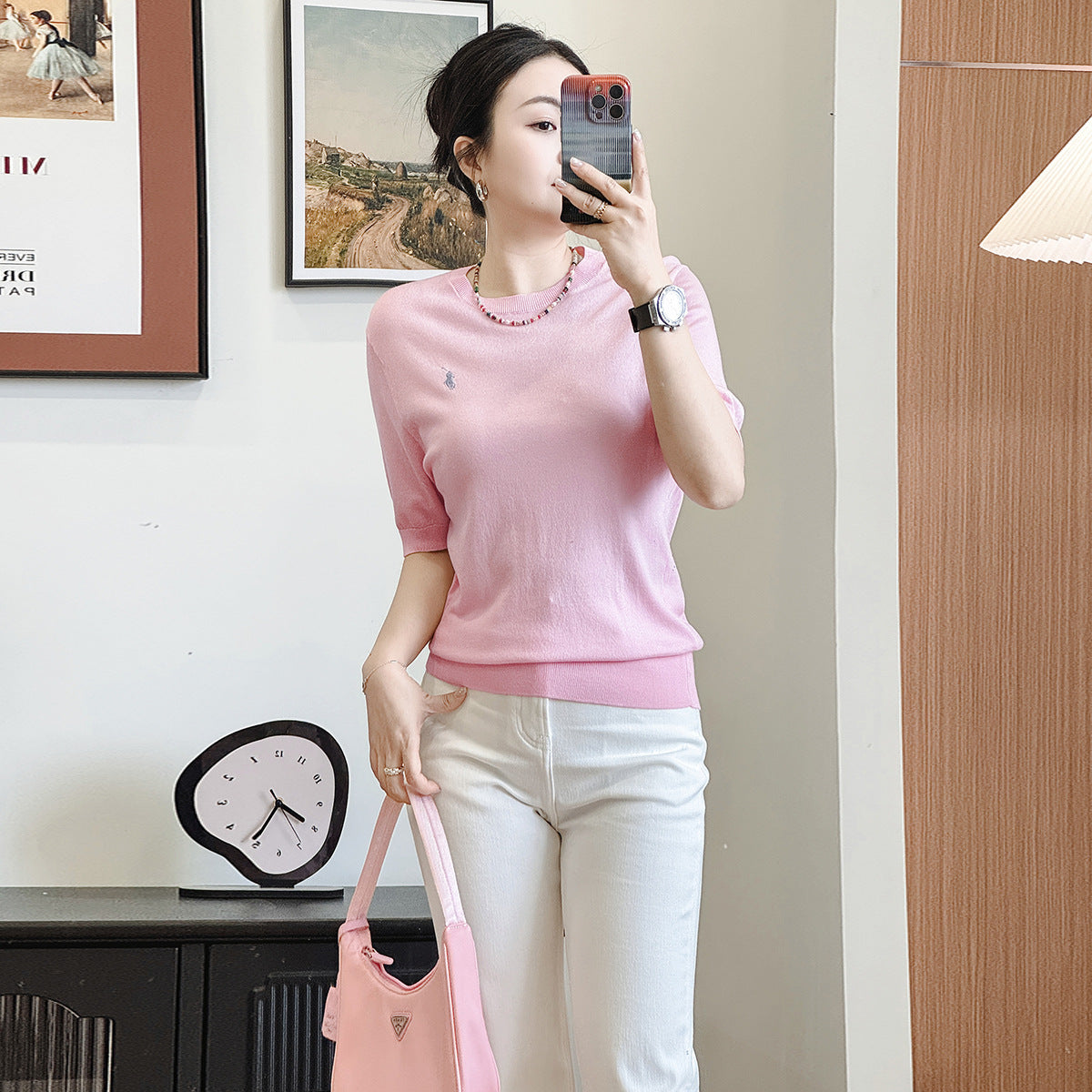 New Fashion Casual Round Neck Embroidered Short Sleeve T-Shirt Base Shirt Women Inner Wear Simple Match All Shoulder