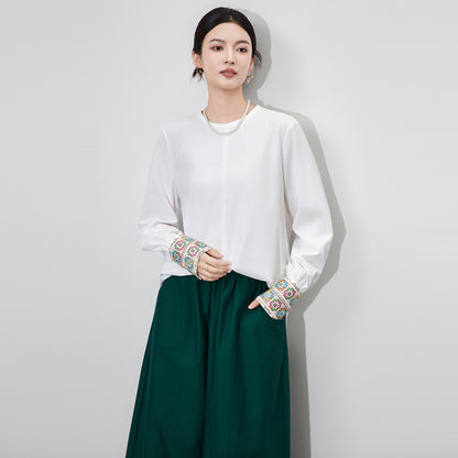 Elegant Embroidered Cotton Shirt Women's Loose Base Layer Long Sleeve Tshirts