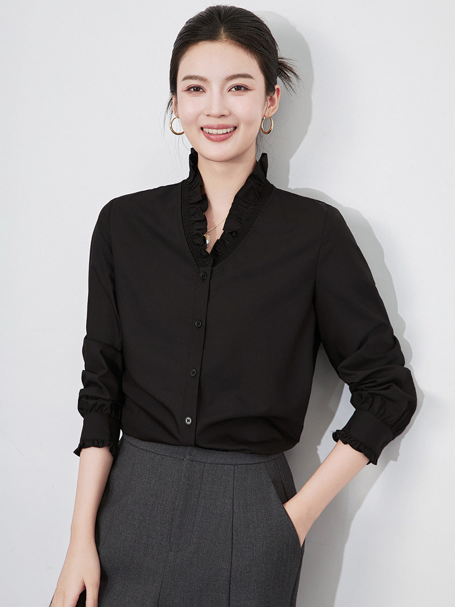 Lanen Playful Series Yellow Lace Trim V-neck Women's Shirt European Style New Arrival Slim Fit Cotton Button-up