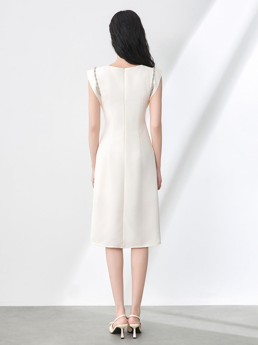 Women's Sleeveless Vest Dress round Neck Vintage Waist-Cinching Black Dress Elegant Style Knee-Length Midi Dress