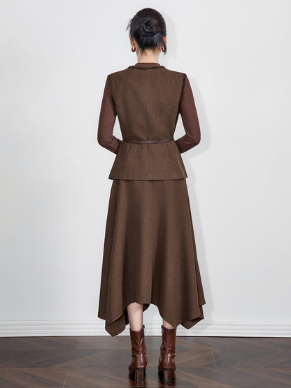 Retro Solid Color Long Sleeve Half High Collar Vest Tassel Furry High Waist Pleated Maxi Skirt Three Piece Set Women's Casual