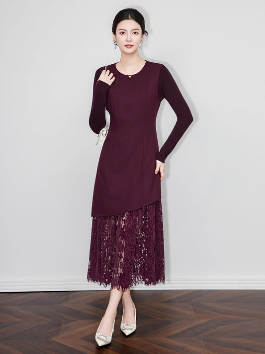 Autumn Winter Fashionable Patchwork O-neck Long Sleeve Vintage Dress Ladies Temperament Irregular Skinny Long Dress Women Dress