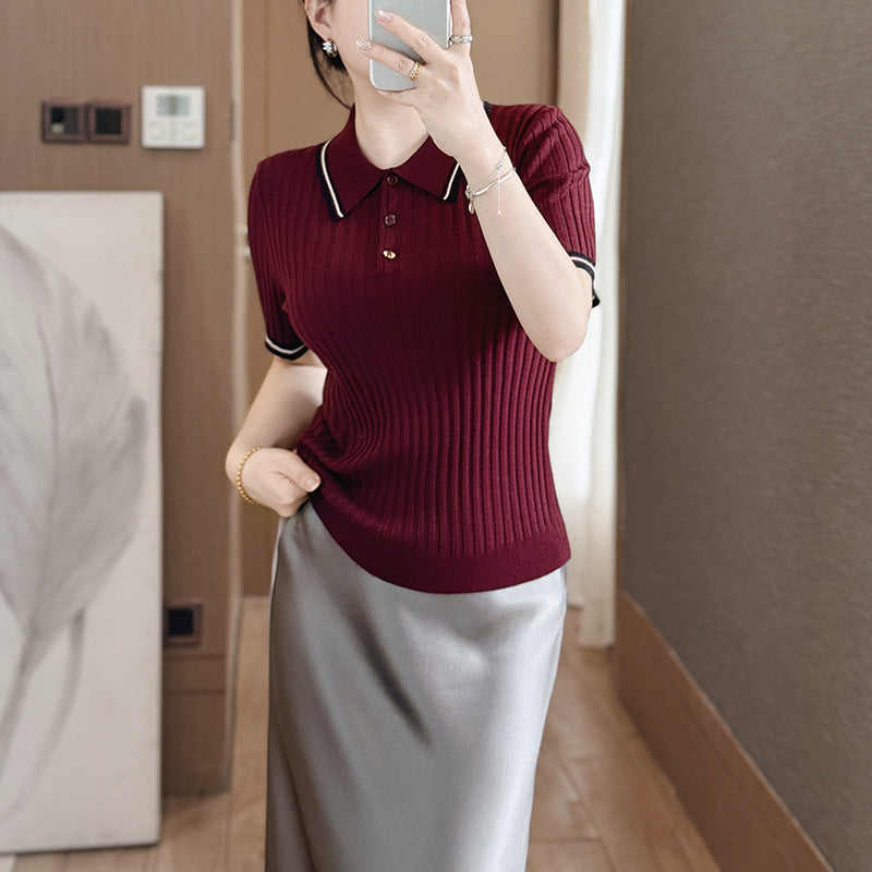 French Vintage Elegant Turn-down Collar 16 Needle Ultra Fine Merino Wool Chunky Stripe Women's Knitwear Casual Style Knitted