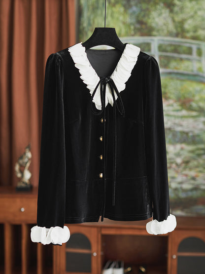 Heavy Industry Beaded Ruffle Collar Versatile Long-sleeved Gold Velvet Top