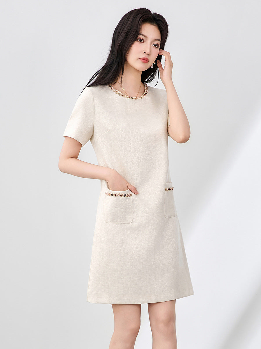 Women's Short - Sleeved Shift Dress with Embellished Neckline and Pocket Details for A Glamorous and Elegant Look
