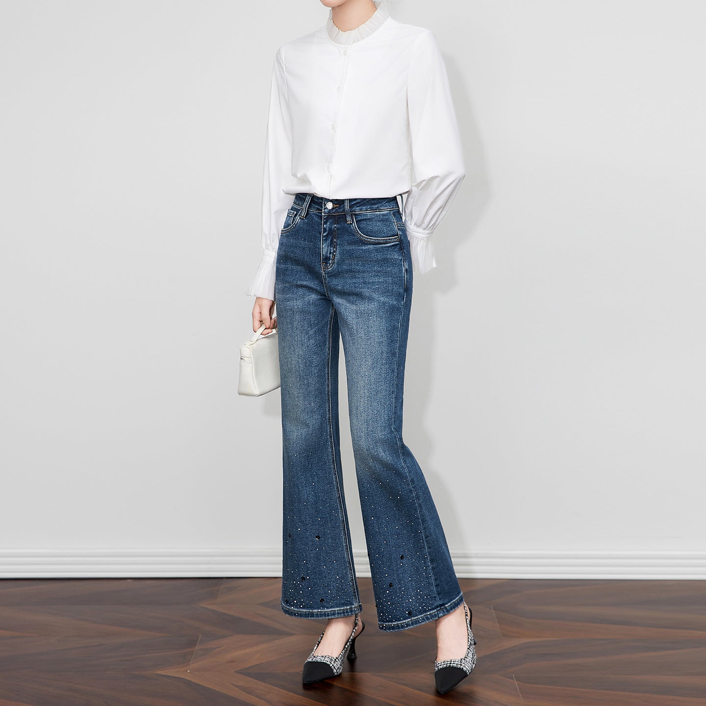 High Waist Bell Bot Denim Jeans Women's Vintage Faded Rhinestone Embellied Premium Quali Fall Collection