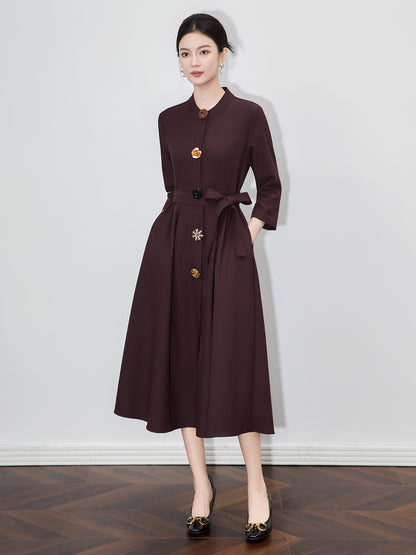 Women's Autumn/Winter Solid Dress Round Neck 3/4 Sleeve Button Waist A-line Elegant Dresses for Women