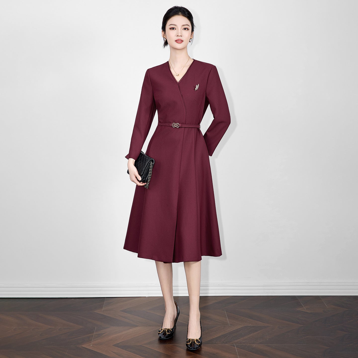 Elegant Commuter Office Lady Business Dresses V-neck Long Sleeve High Waist Belt Slim A-line Elegant Evening Dress