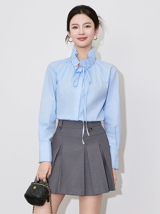 Blue Commuter Butterfly Knot Lace Collar Loose Long Sleeve Striped Shirt Women's Lazy Style Fashionable Basic Patchwork Shirt