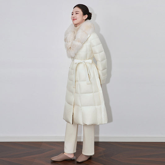 Women's Down Jacket Fox Fur Collar Long Over-Knee Warm Hooded White Duck Down Coat Female Outerwear