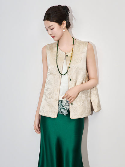 Elegant Embroidered Shiny Thread Women's Vest New Chinese Style Top Coat Fashionable Round Neck 3D Effect Polyester Silk Blend