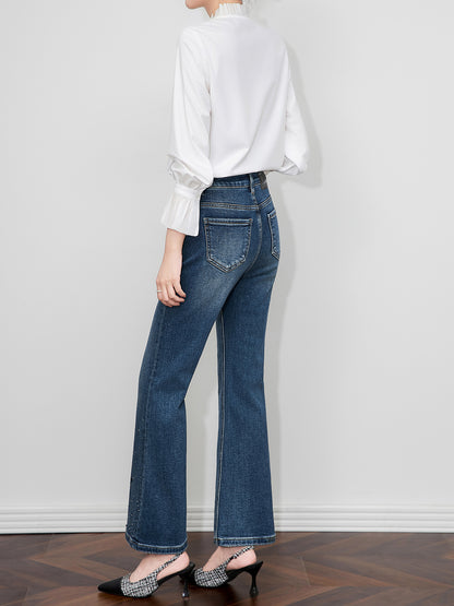 High Waist Bell Bot Denim Jeans Women's Vintage Faded Rhinestone Embellied Premium Quali Fall Collection